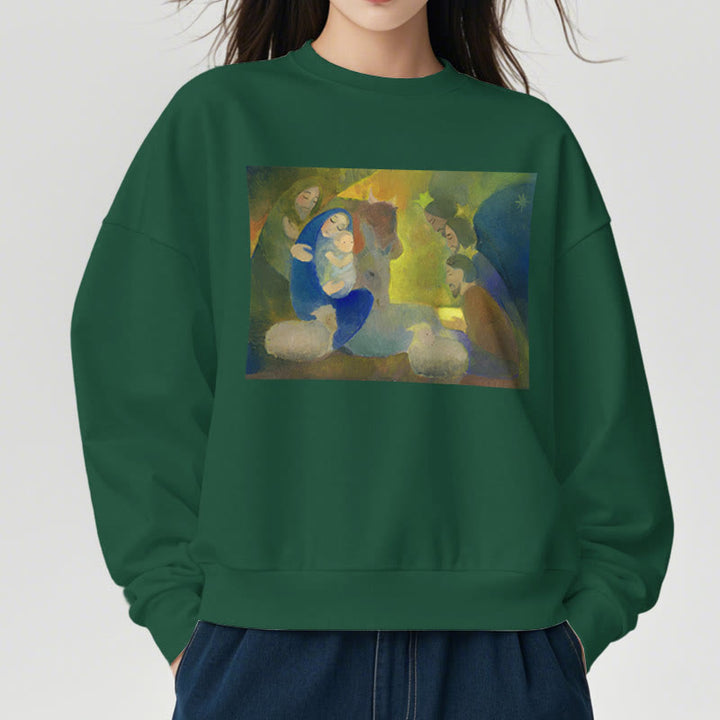 Christianartworkshop Classic Colored Style Nativity Scene Holy Night Fleece Lined Polyester Sweatshirt