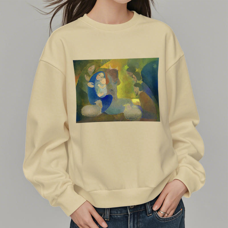 Christianartworkshop Classic Colored Style Nativity Scene Holy Night Fleece Lined Polyester Sweatshirt