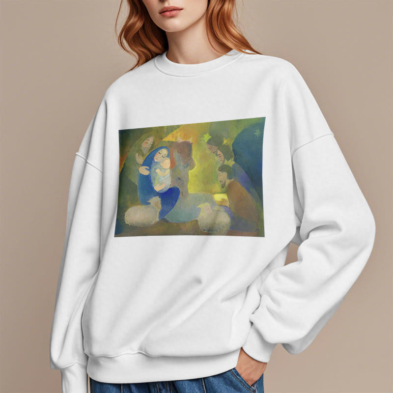 Christianartworkshop Classic Colored Style Nativity Scene Holy Night Fleece Lined Polyester Sweatshirt