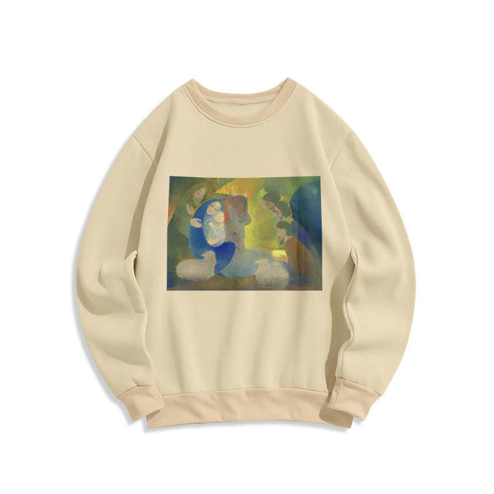 Christianartworkshop Classic Colored Style Nativity Scene Holy Night Fleece Lined Polyester Sweatshirt