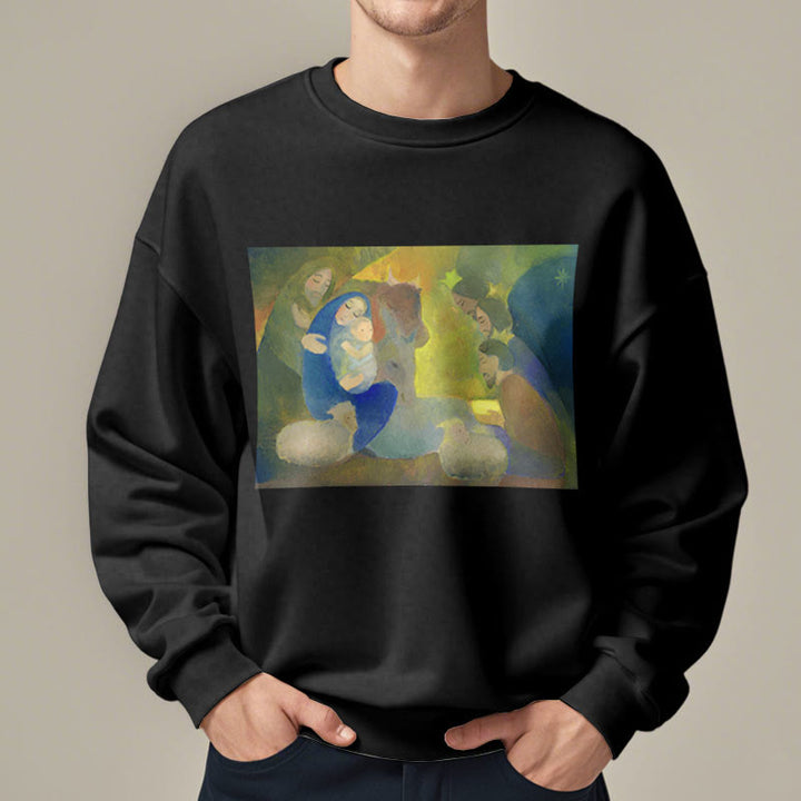 Christianartworkshop Classic Colored Style Nativity Scene Holy Night Fleece Lined Polyester Sweatshirt