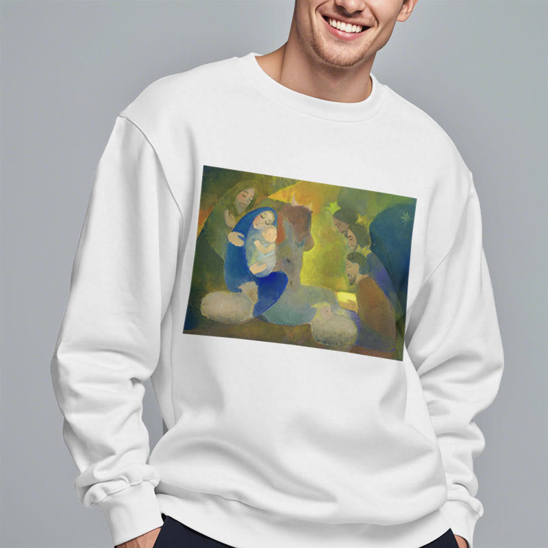 Christianartworkshop Classic Colored Style Nativity Scene Holy Night Fleece Lined Polyester Sweatshirt