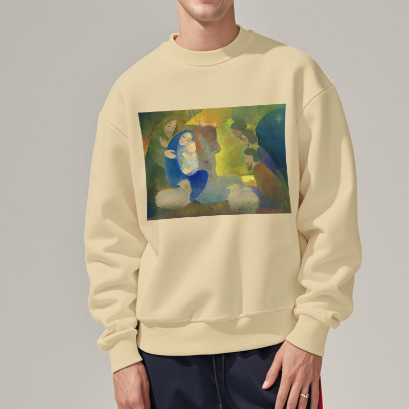 Christianartworkshop Classic Colored Style Nativity Scene Holy Night Fleece Lined Polyester Sweatshirt - image 12