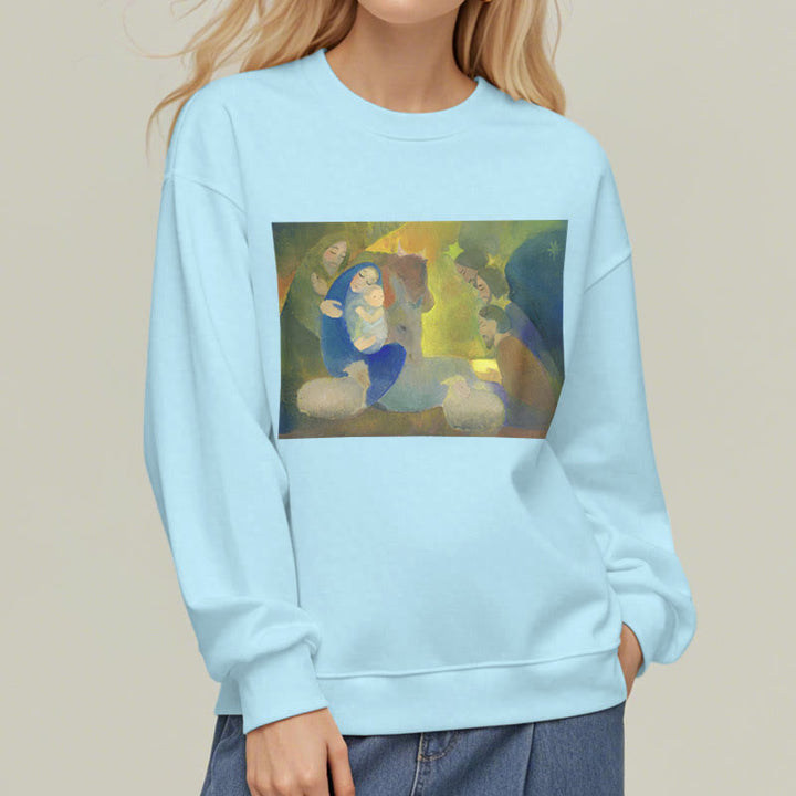 Christianartworkshop Classic Colored Style Nativity Scene Holy Night Fleece Lined Polyester Sweatshirt