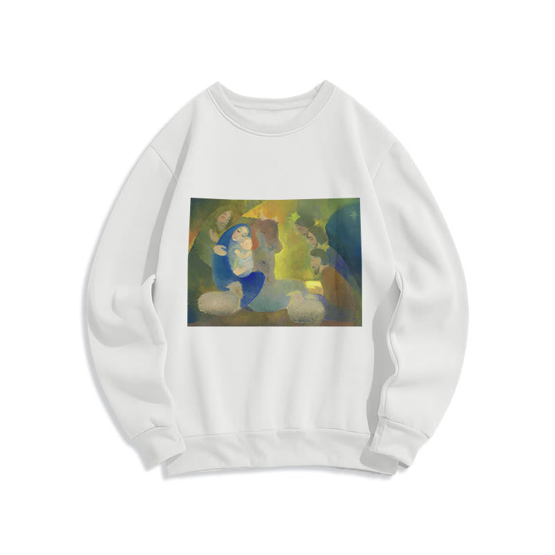 Christianartworkshop Classic Colored Style Nativity Scene Holy Night Fleece Lined Polyester Sweatshirt - White - 2XL - image 0