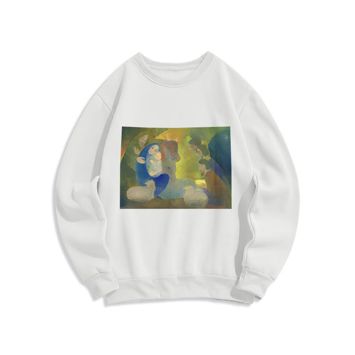 Christianartworkshop Classic Colored Style Nativity Scene Holy Night Fleece Lined Polyester Sweatshirt - White - 2XL - image 0