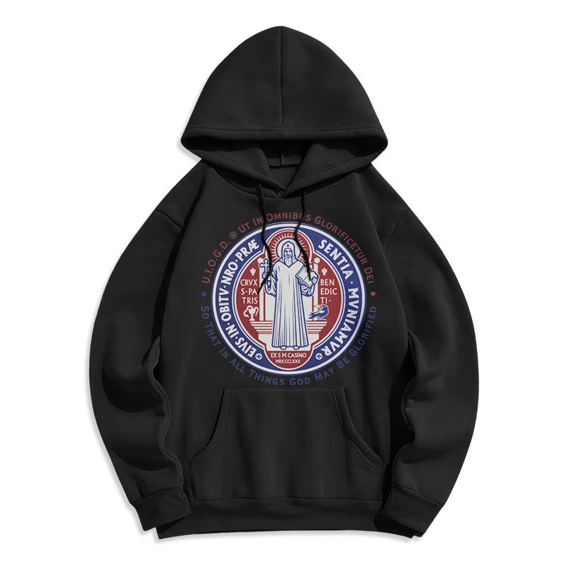 Christianartworkshop Classic Colored Style St. Benedict Medal Emblem Fleece Lined Polyester Hoodie - Black - 2XL - image 0