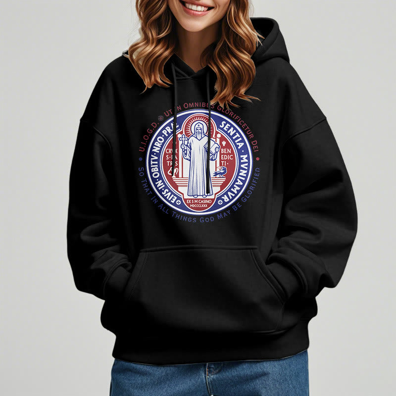 Christianartworkshop Classic Colored Style St. Benedict Medal Emblem Fleece Lined Polyester Hoodie - image 1