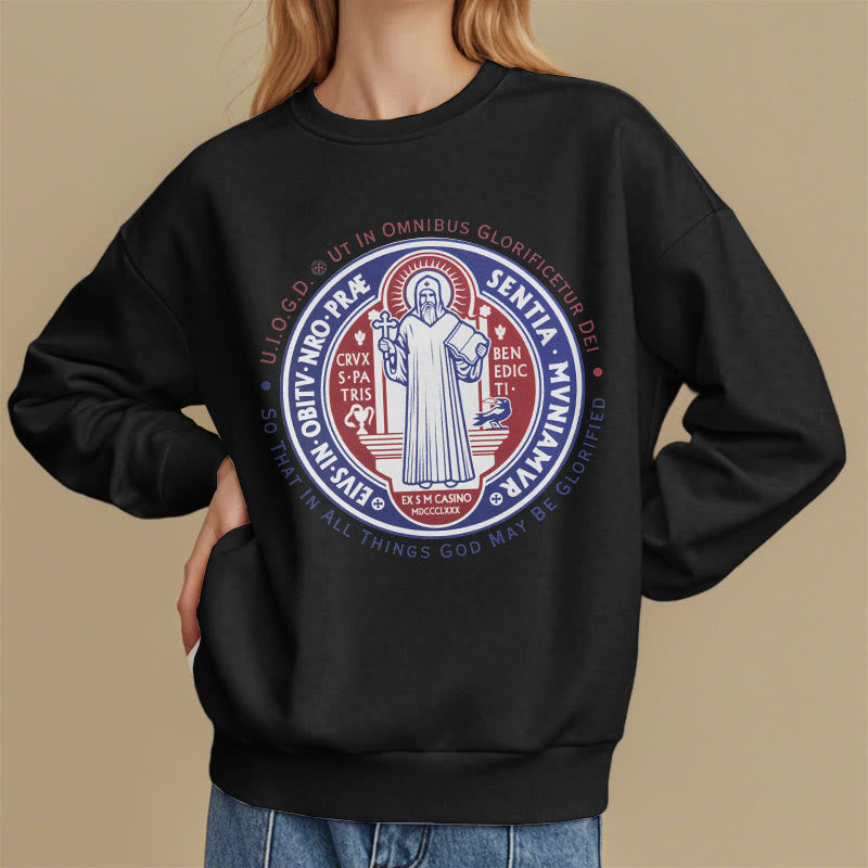 Christianartworkshop  Classic Colored Style St. Benedict Medal Emblem Fleece Lined Polyester Sweatshirt - image 2