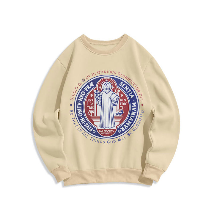 Christianartworkshop  Classic Colored Style St. Benedict Medal Emblem Fleece Lined Polyester Sweatshirt - Beige - 2XL - image 10