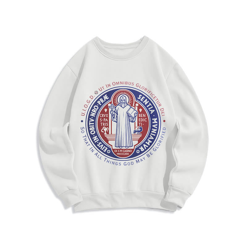 Christianartworkshop  Classic Colored Style St. Benedict Medal Emblem Fleece Lined Polyester Sweatshirt - White - 2XL - image 5