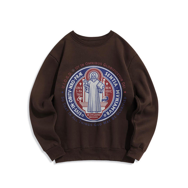 Christianartworkshop  Classic Colored Style St. Benedict Medal Emblem Fleece Lined Polyester Sweatshirt - Brown - 2XL - image 15
