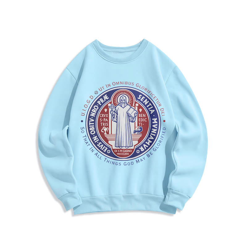 Christianartworkshop  Classic Colored Style St. Benedict Medal Emblem Fleece Lined Polyester Sweatshirt - Blue - 2XL - image 25