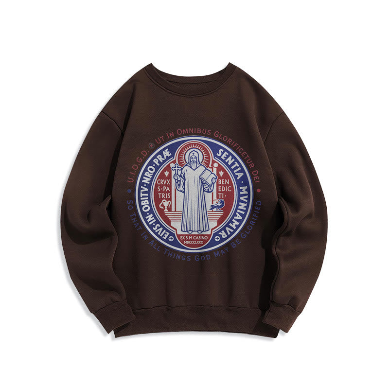 Christianartworkshop  Classic Colored Style St. Benedict Medal Emblem Fleece Lined Polyester Sweatshirt - Brown - 2XL - image 15