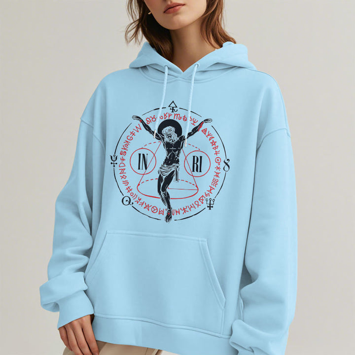 Christianartworkshop Classic Style Sacred INRI Crucifix Faith Fleece Lined Polyester Hoodie