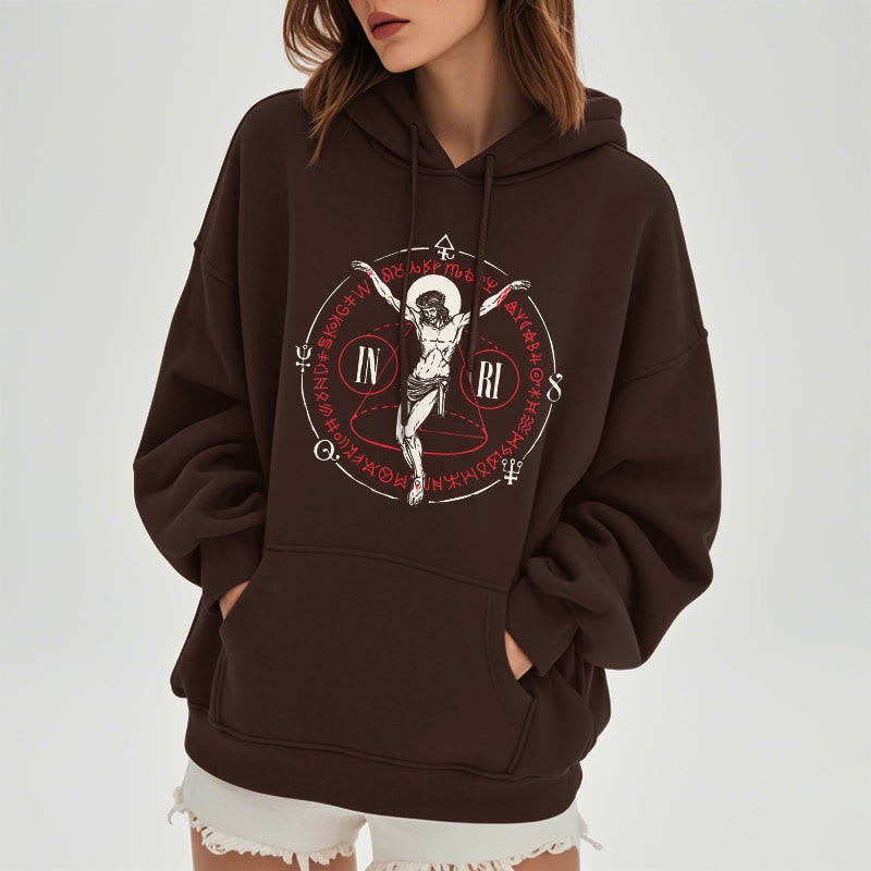 Christianartworkshop Classic Style Sacred INRI Crucifix Faith Fleece Lined Polyester Hoodie