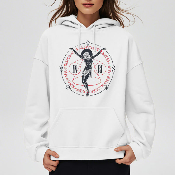 Christianartworkshop Classic Style Sacred INRI Crucifix Faith Fleece Lined Polyester Hoodie