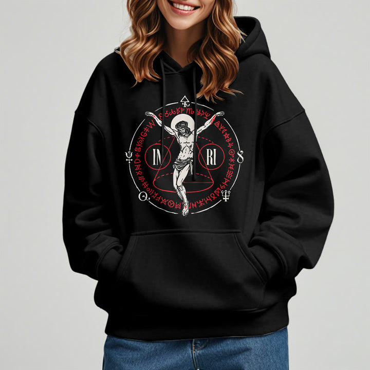 Christianartworkshop Classic Style Sacred INRI Crucifix Faith Fleece Lined Polyester Hoodie