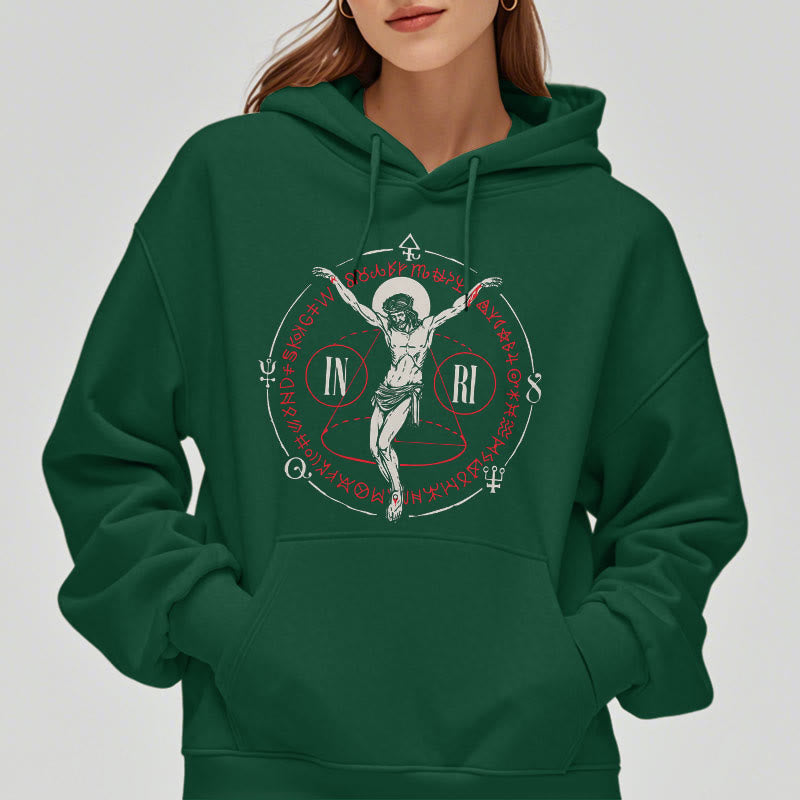 Christianartworkshop Classic Style Sacred INRI Crucifix Faith Fleece Lined Polyester Hoodie