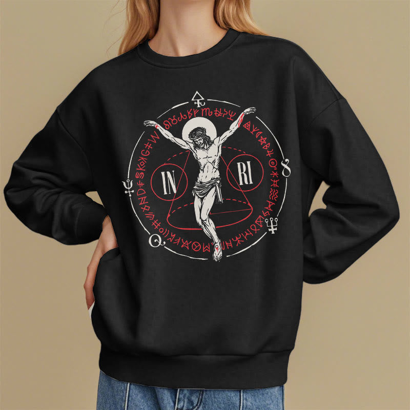 Christianartworkshop Classic Style Sacred INRI Crucifix Faith Fleece Lined Polyester Sweatshirt