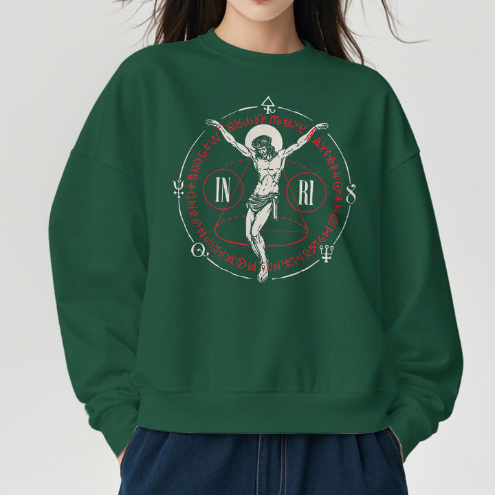 Christianartworkshop Classic Style Sacred INRI Crucifix Faith Fleece Lined Polyester Sweatshirt