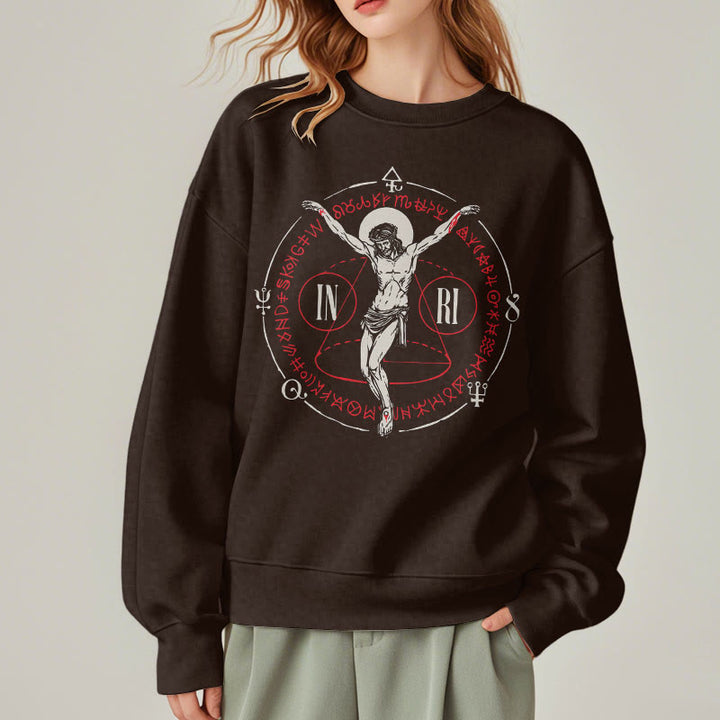 Christianartworkshop Classic Style Sacred INRI Crucifix Faith Fleece Lined Polyester Sweatshirt