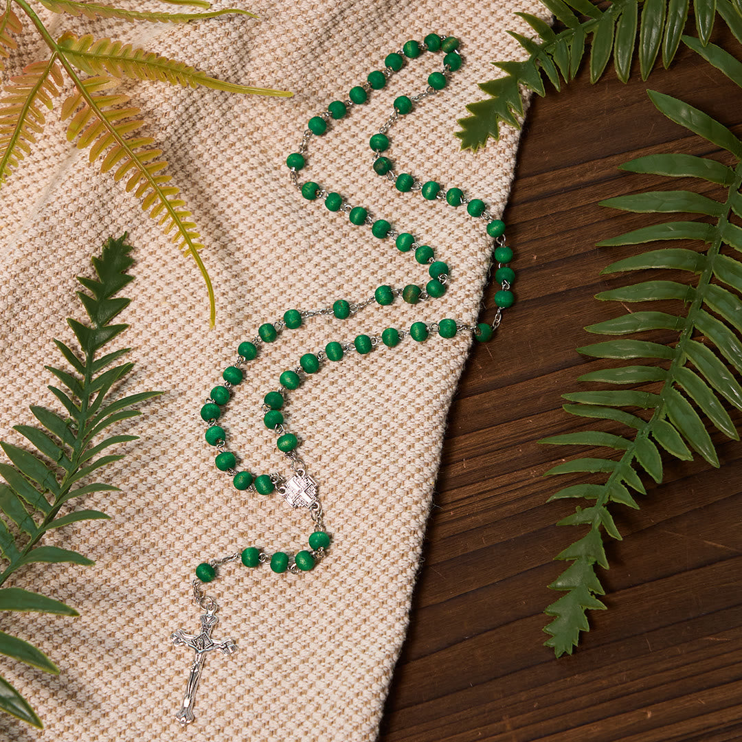 Christianartworkshop Jerusalem Medal & Crucifix of 7 mm Round White Rosewood Alloy Chain Rosary - image 13