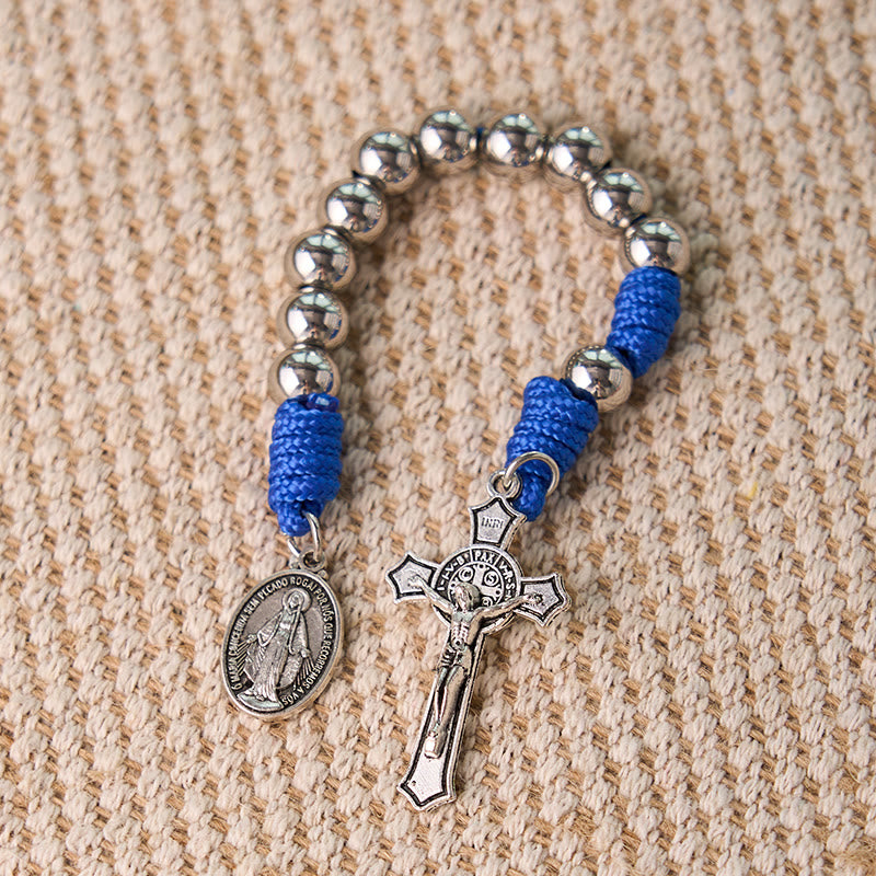 FREE Today: Miraculous Medal & Crucifix of 8 mm Round Silver Stainless Steel Blue Paracord Pocket Rosary