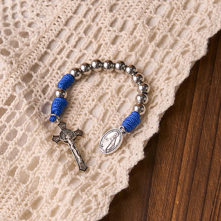 FREE Today: Miraculous Medal & Crucifix of 8 mm Round Silver Stainless Steel Blue Paracord Pocket Rosary