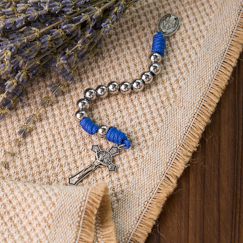 FREE Today: Miraculous Medal & Crucifix of 8 mm Round Silver Stainless Steel Blue Paracord Pocket Rosary