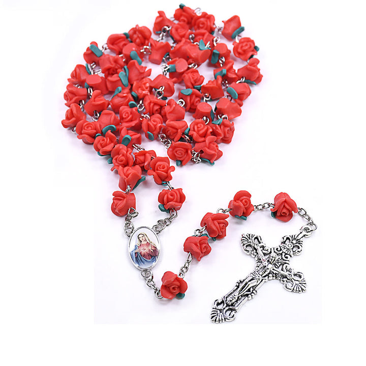Christianartworkshop Immaculate Heart of Mary & Crucifix of 6*8 mm Rose Multicolor Polymer Clay Alloy Chain Rosary - Red - image 1