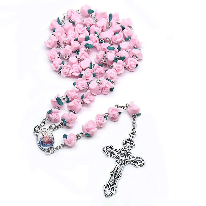 Christianartworkshop Immaculate Heart of Mary & Crucifix of 6*8 mm Rose Multicolor Polymer Clay Alloy Chain Rosary - Pink - image 4