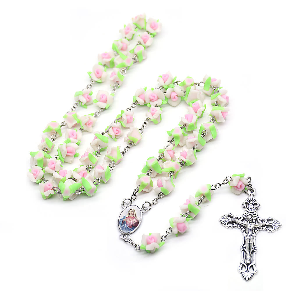 Christianartworkshop Immaculate Heart of Mary & Crucifix of 6*8 mm Rose Multicolor Polymer Clay Alloy Chain Rosary - image 2