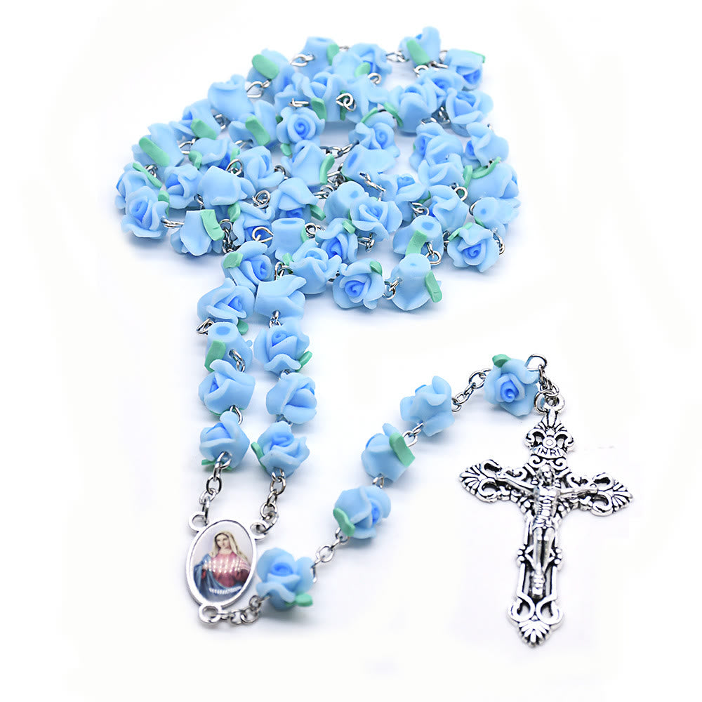 Christianartworkshop Immaculate Heart of Mary & Crucifix of 6*8 mm Rose Multicolor Polymer Clay Alloy Chain Rosary - image 3