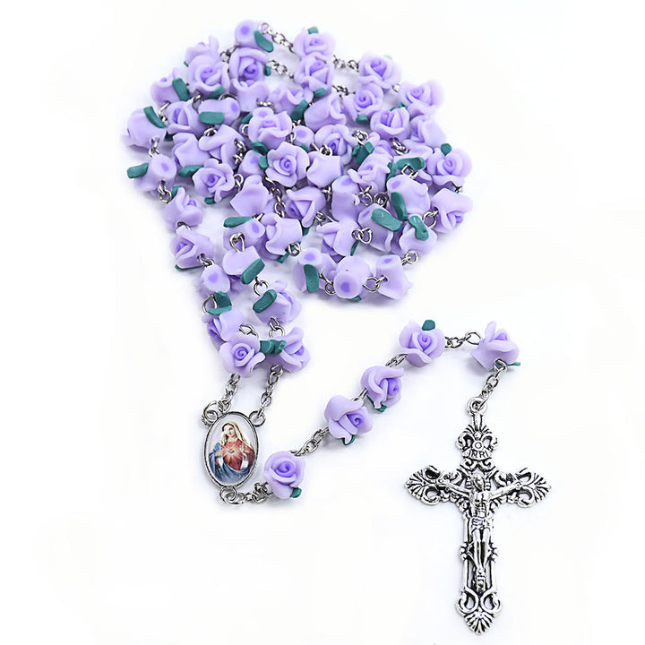 Christianartworkshop Immaculate Heart of Mary & Crucifix of 6*8 mm Rose Multicolor Polymer Clay Alloy Chain Rosary - image 5