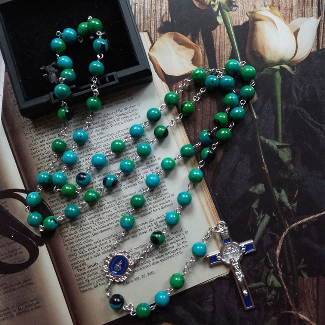 Christianartworkshop Miraculous Medal & Crucifix of 8 mm Round Green Stone Alloy Chain Rosary