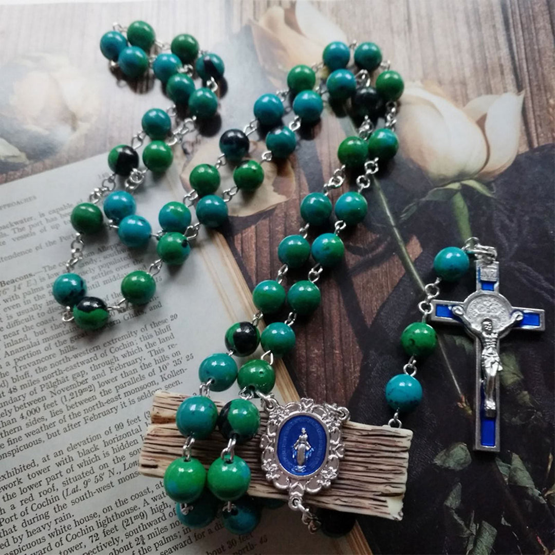 Christianartworkshop Miraculous Medal & Crucifix of 8 mm Round Green Stone Alloy Chain Rosary