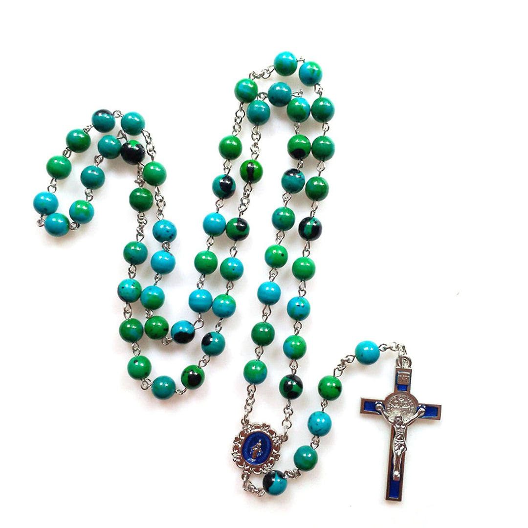 Christianartworkshop Miraculous Medal & Crucifix of 8 mm Round Green Stone Alloy Chain Rosary