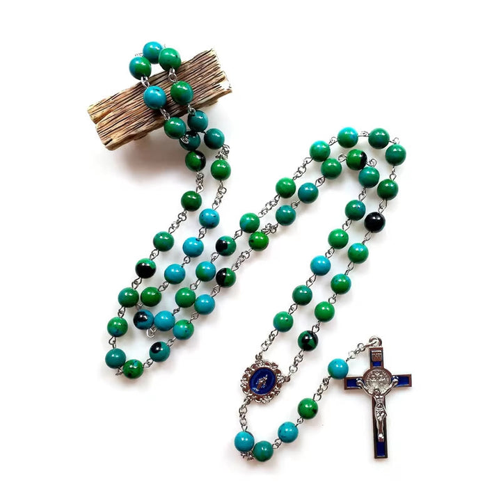 Christianartworkshop Miraculous Medal & Crucifix of 8 mm Round Green Stone Alloy Chain Rosary