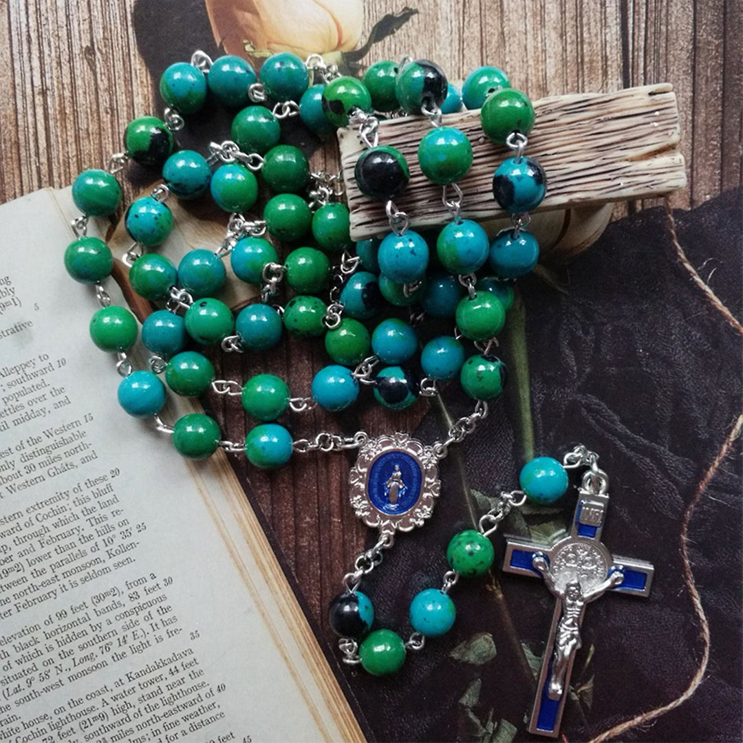 Christianartworkshop Miraculous Medal & Crucifix of 8 mm Round Green Stone Alloy Chain Rosary