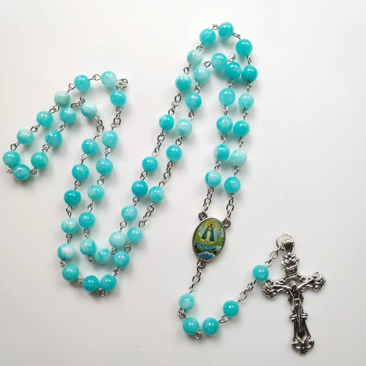 Christianartworkshop Virgin Mary & Crucifix of 8 mm Round Blue Stone Alloy Chain Rosary