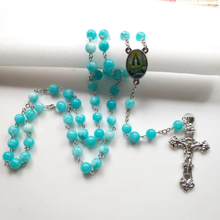 Christianartworkshop Virgin Mary & Crucifix of 8 mm Round Blue Stone Alloy Chain Rosary