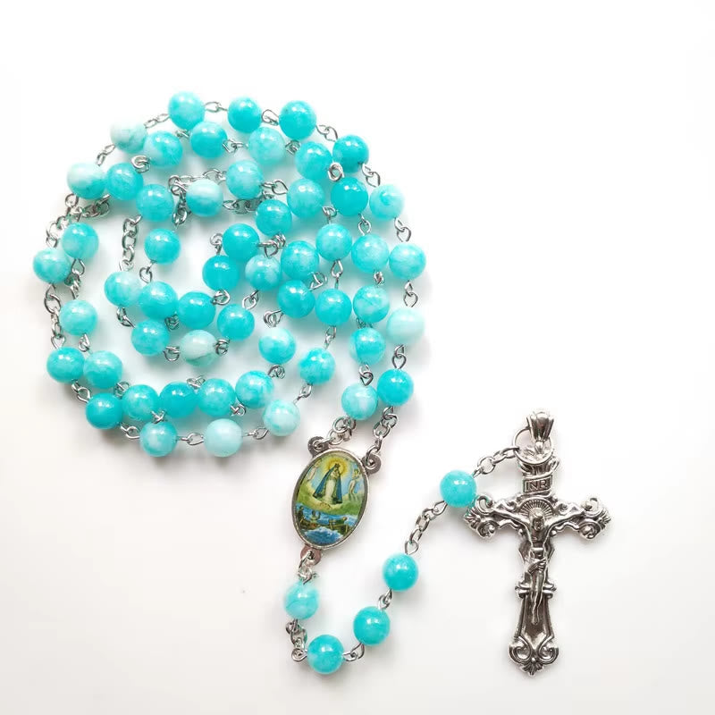 Christianartworkshop Virgin Mary & Crucifix of 8 mm Round Blue Stone Alloy Chain Rosary