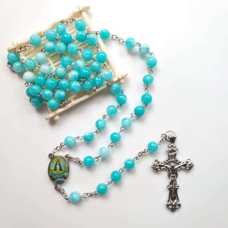 Christianartworkshop Virgin Mary & Crucifix of 8 mm Round Blue Stone Alloy Chain Rosary