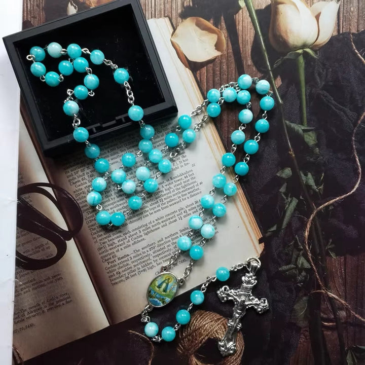 Christianartworkshop Virgin Mary & Crucifix of 8 mm Round Blue Stone Alloy Chain Rosary