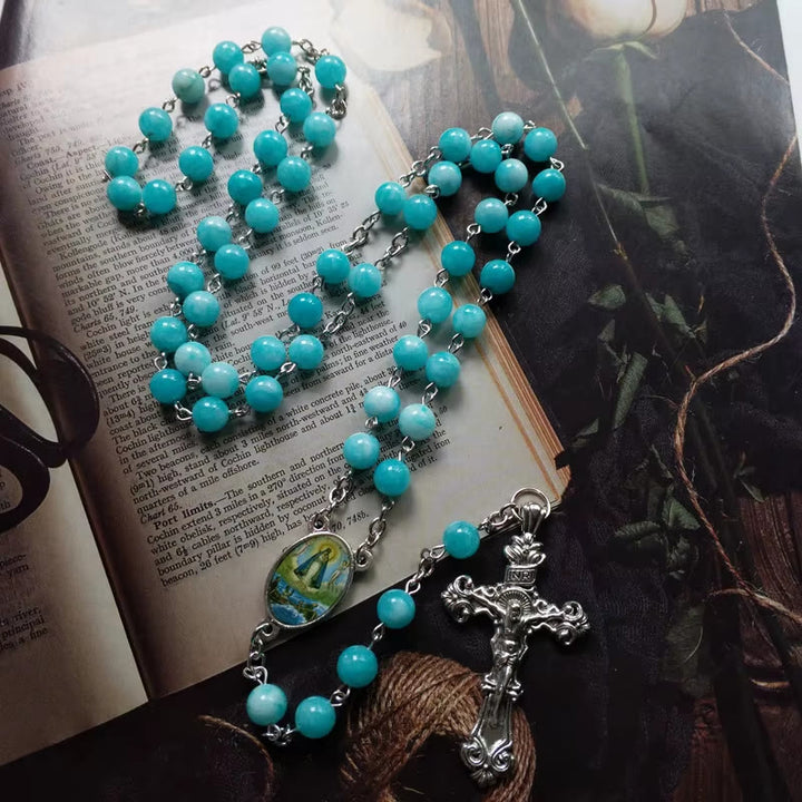 Christianartworkshop Virgin Mary & Crucifix of 8 mm Round Blue Stone Alloy Chain Rosary