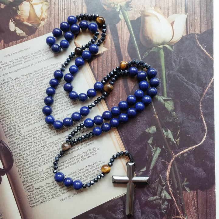 Christianartworkshop Cross of 4*8 mm Round Blue Hematite Bluestone Nylon Cord Rosary