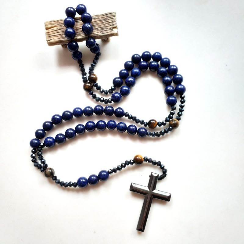 Christianartworkshop Cross of 4*8 mm Round Blue Hematite Bluestone Nylon Cord Rosary