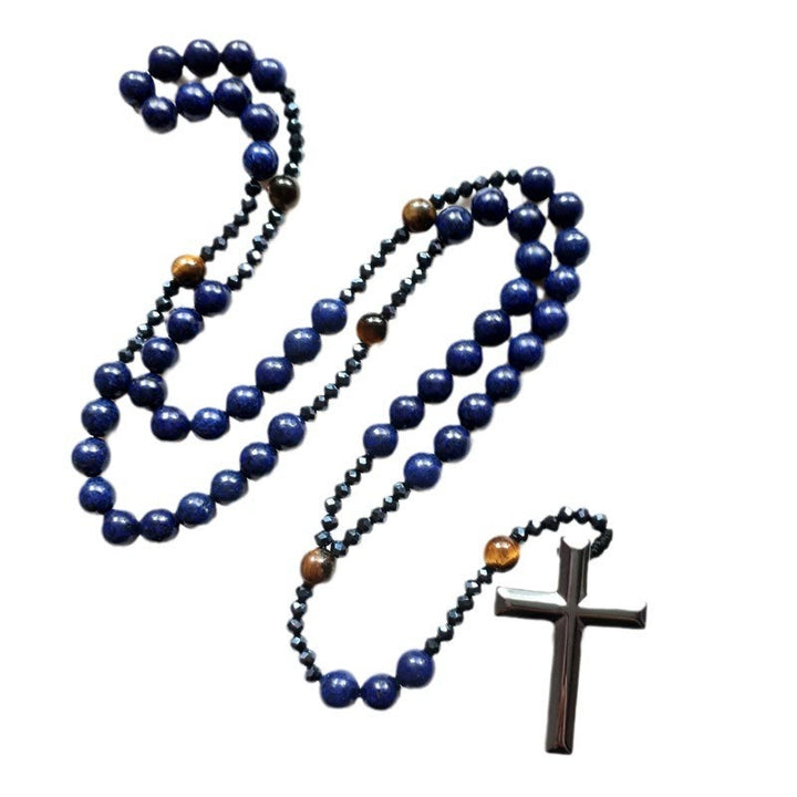 Christianartworkshop Cross of 4*8 mm Round Blue Hematite Bluestone Nylon Cord Rosary