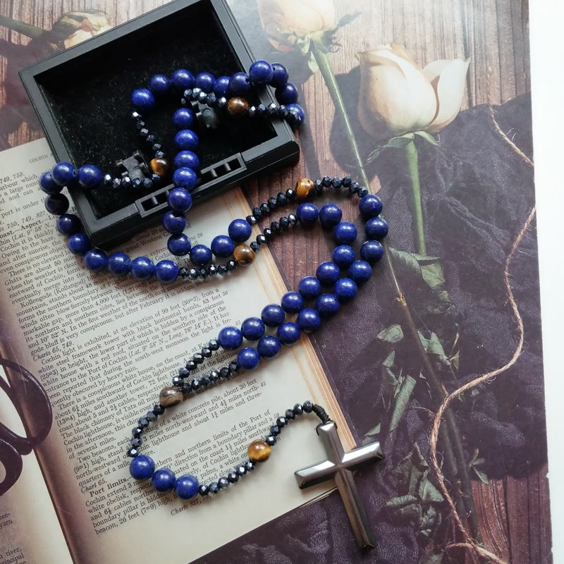 Christianartworkshop Cross of 4*8 mm Round Blue Hematite Bluestone Nylon Cord Rosary